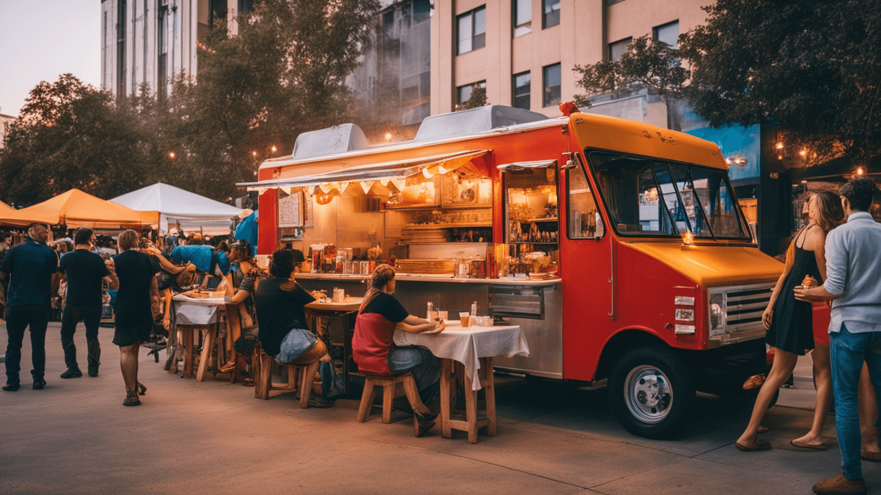 Colorful food truck at a golden-hour street festival